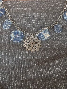 Necklace Handmade Silver Royal Blue Floral Polymer Clay